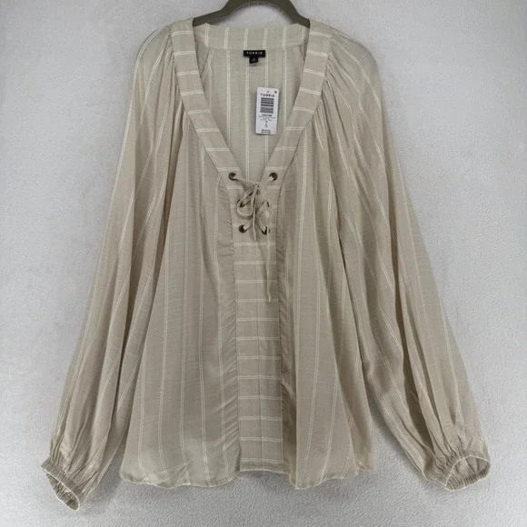 Torrid Lace Up V Neck Long Sleeve Blouse Ivory Stripe‎ Size 0X L 12 Flowy NWT - Picture 4 of 9